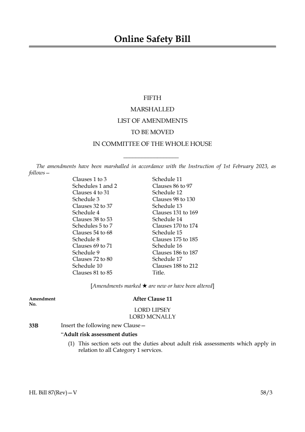 Online Safety Bill Fifth Marshalled List of Amendments to be moved in Committee of the Whole House