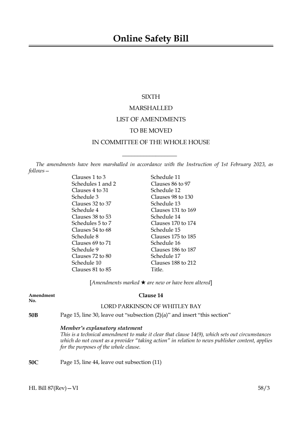 Online Safety Bill Sixth Marshalled List of Amendments to be moved in Committee of the Whole House