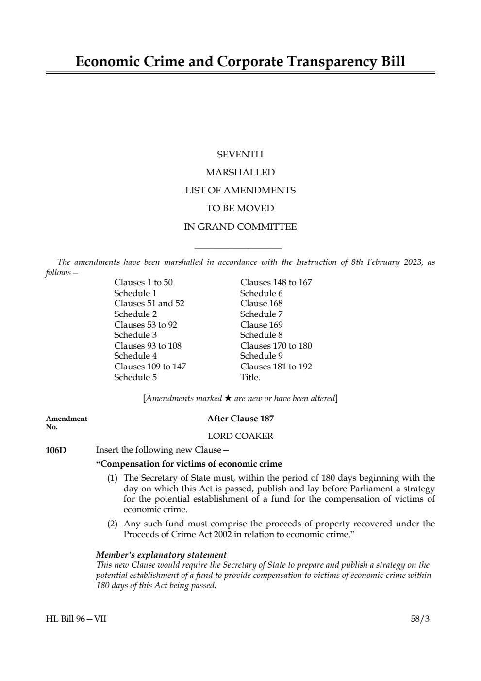 Economic Crime and Corporate Transparency Bill Seventh Marshalled List of Amendments to be moved in Grand Committee