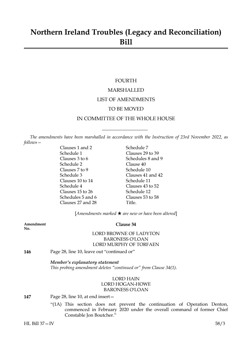 Northern Ireland Troubles (Legacy and Reconciliation) Bill Fourth Marshalled List of Amendments to be moved in Committee of the Whole House
