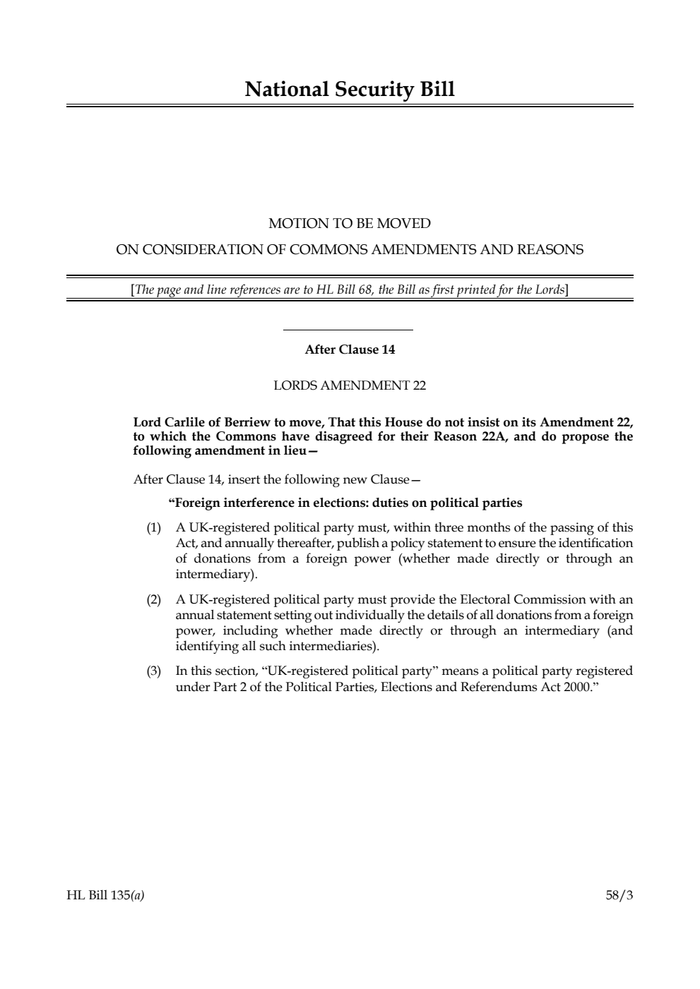 National Security Bill Motion to be moved on Consideration of Commons Amendments and Reasons