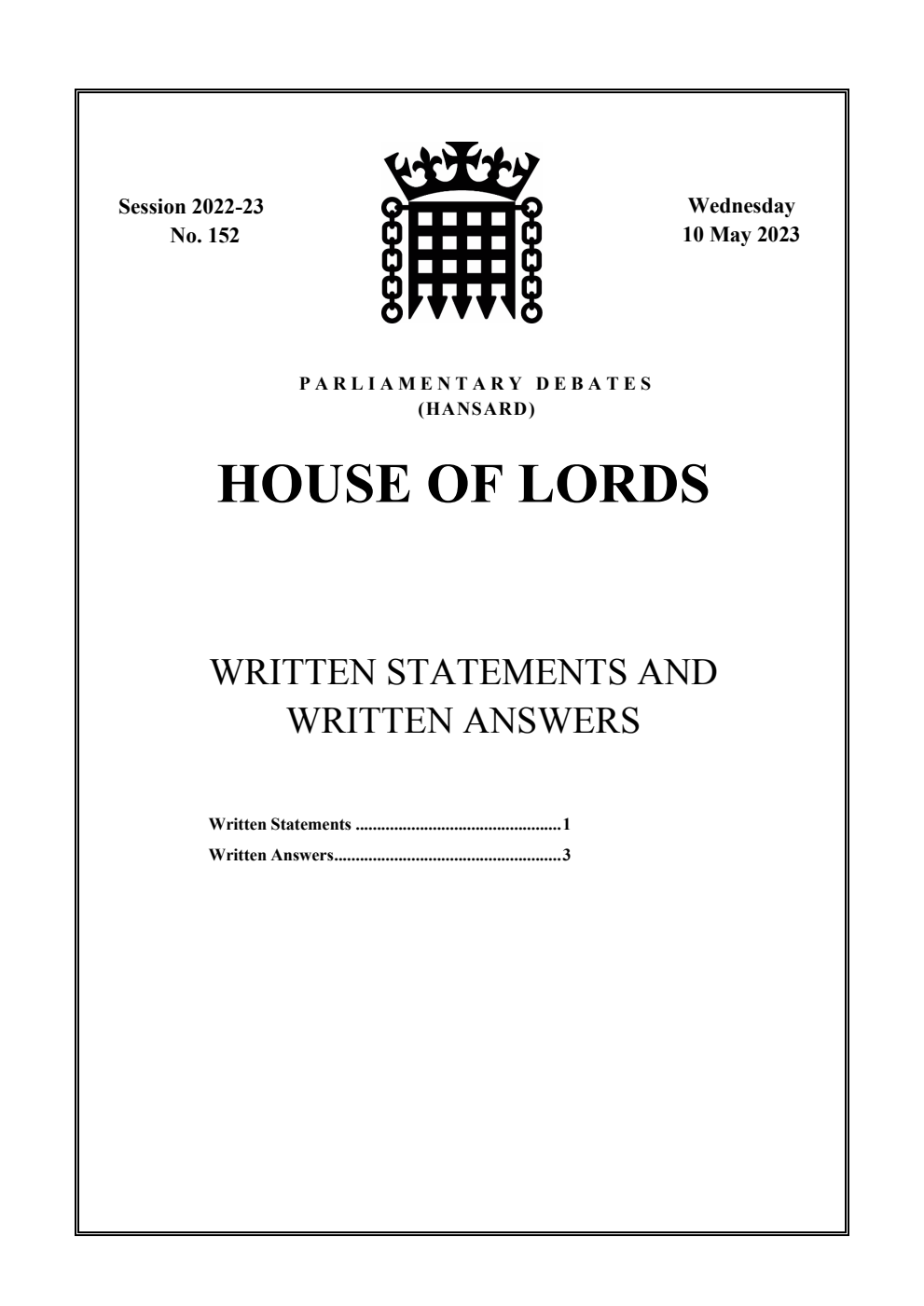 HOL Daily Report Written Statements and Answers 10.05.23