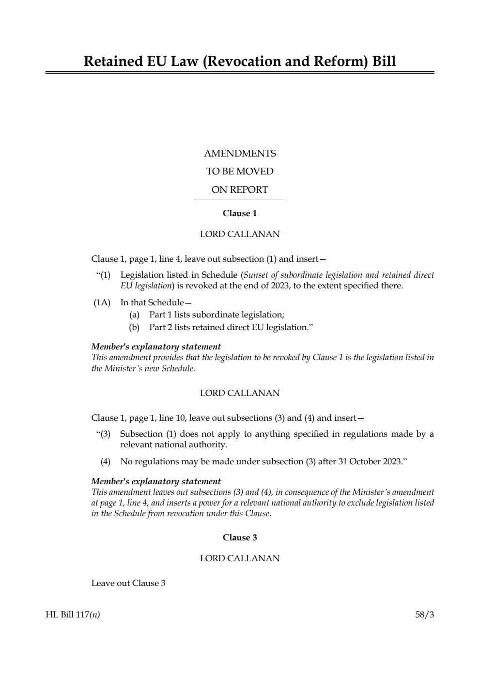 Retained EU Law (Revocation and Reform) Bill Amendments to be moved on Report