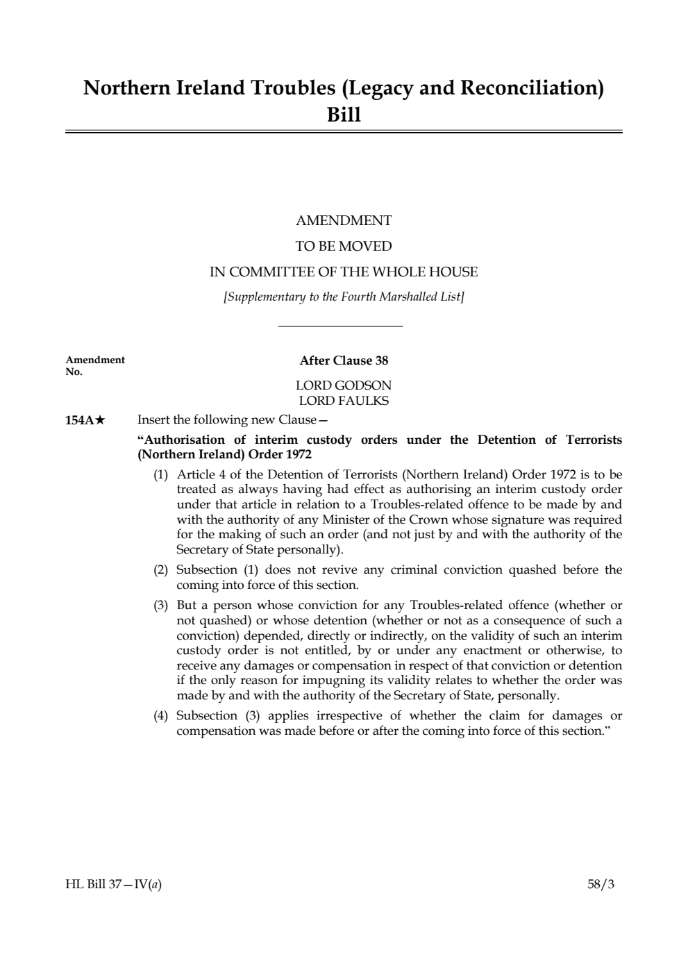 Northern Ireland Troubles (Legacy and Reconciliation) Bill Amendment to be moved in Committee of the Whole House [Supplementary to the Fourth Marshalled List]