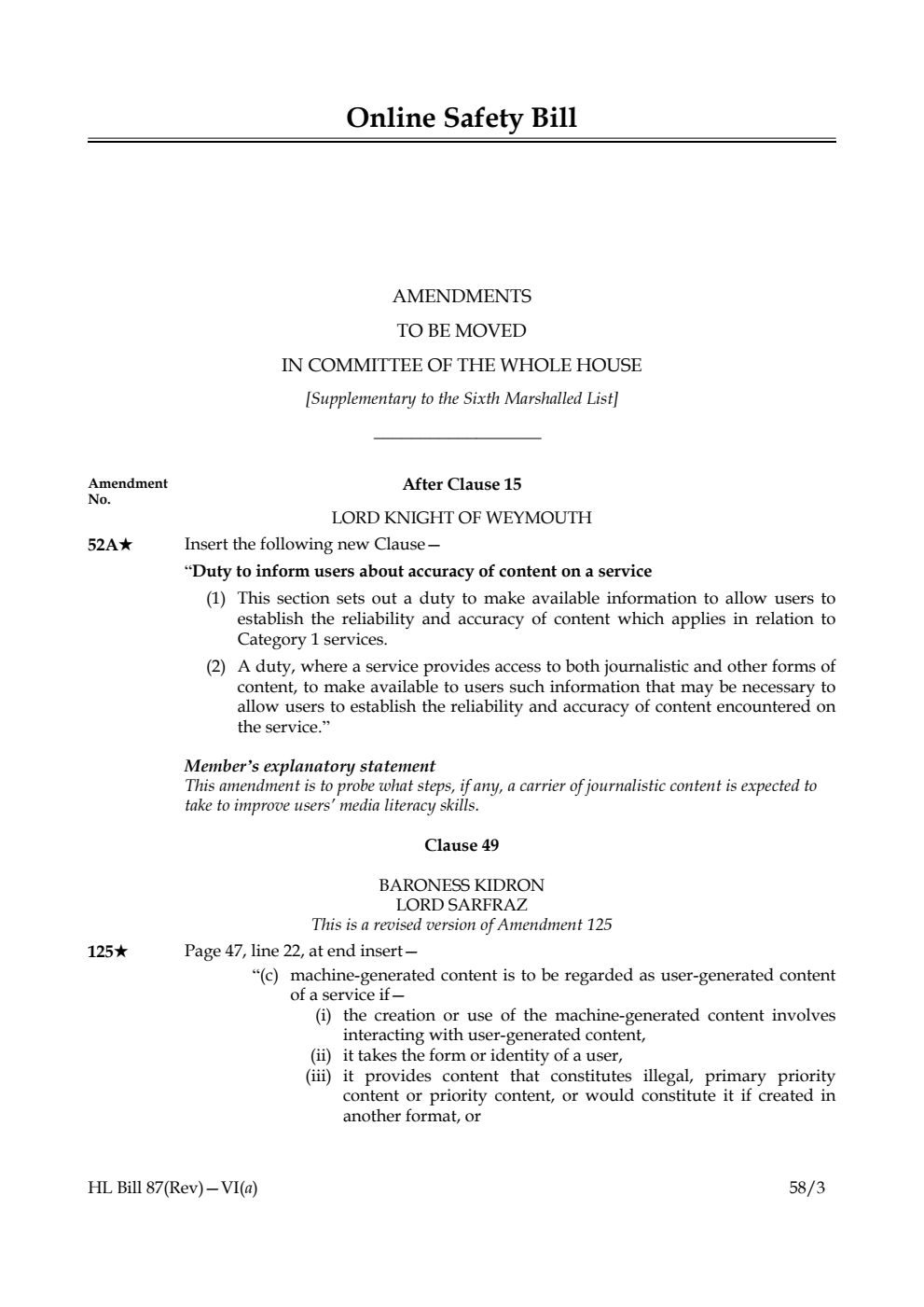 Online Safety Bill Amendments to be moved in Committee of the Whole House [Supplementary to the Sixth Marshalled List]