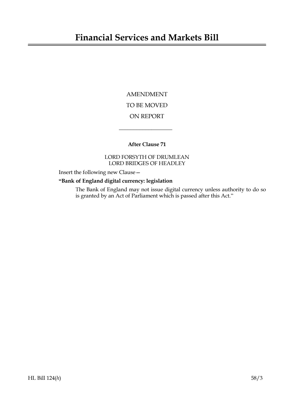 Financial Services and Markets Bill Amendment to be moved on Report