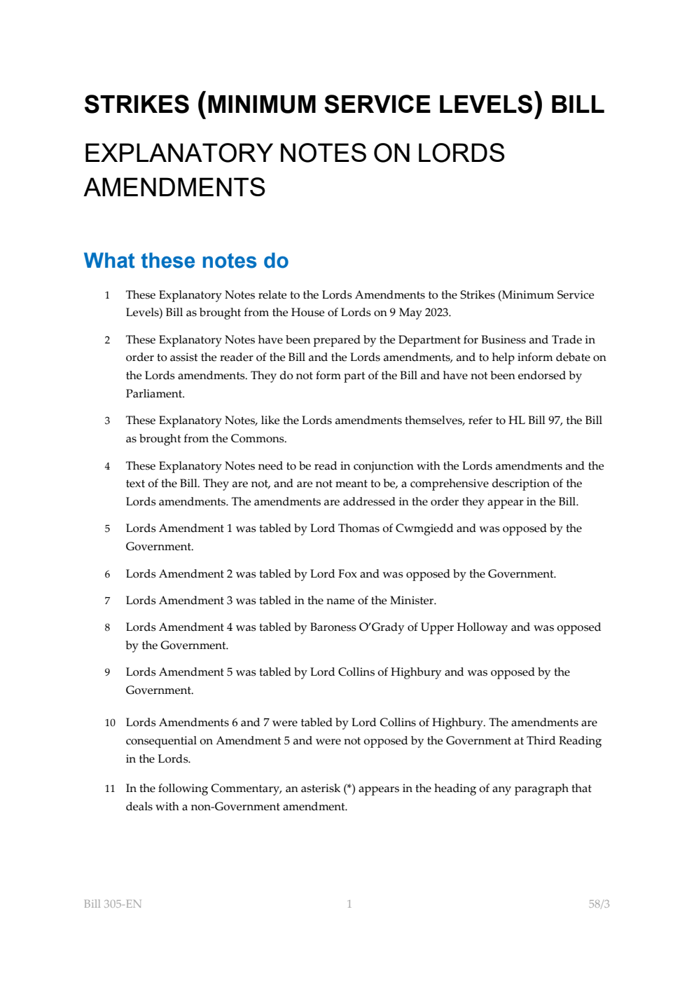 Strikes (Minimum Service Levels) Bill Explanatory Notes on Lords Amendments