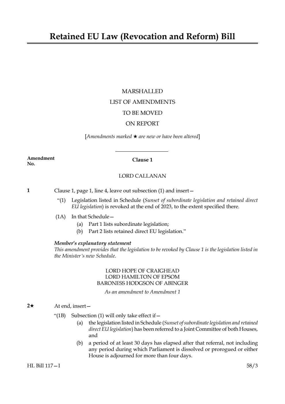 Retained EU Law (Revocation and Reform) Bill Marshalled List of Amendments to be moved on report