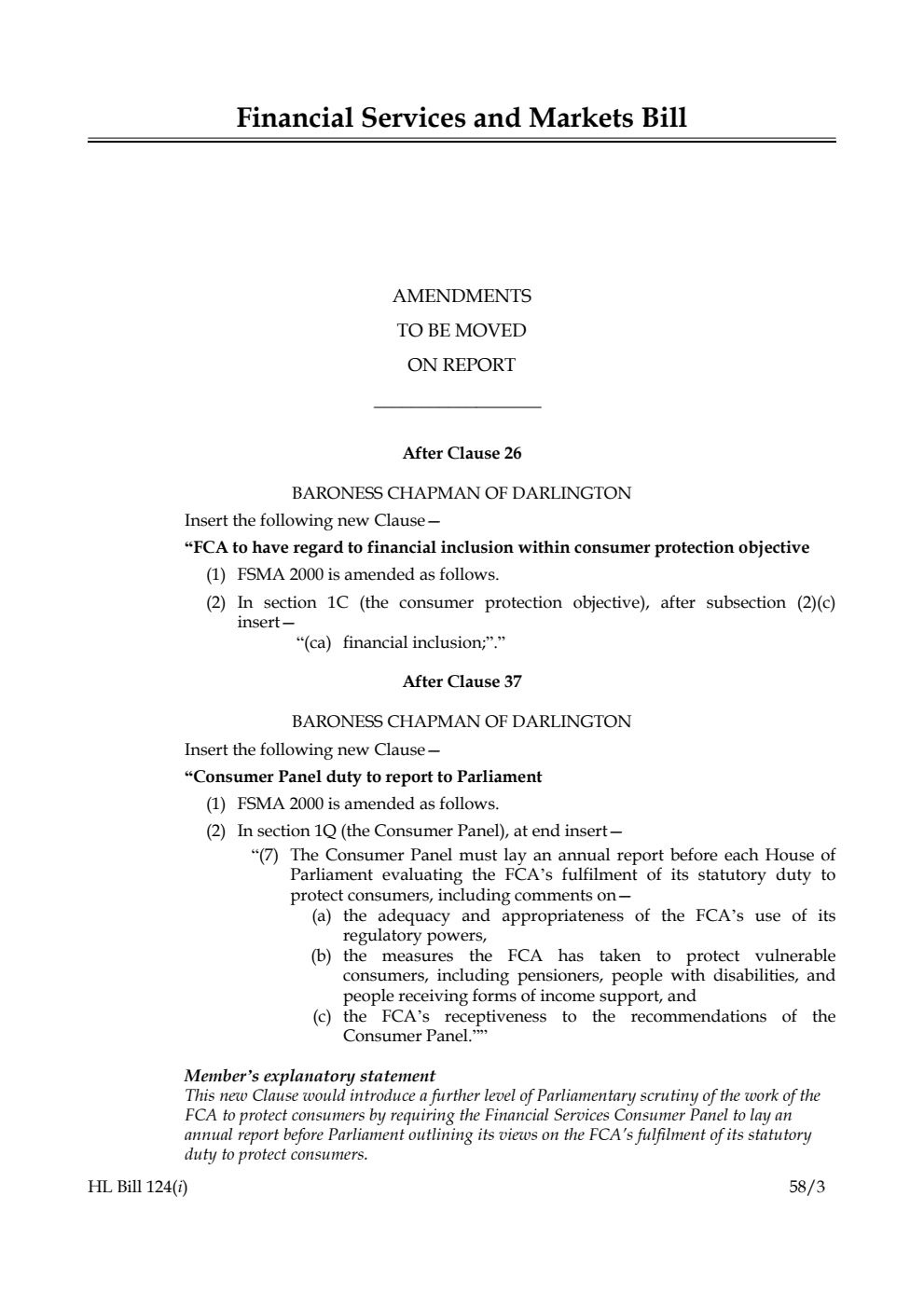 Financial Services and Markets Bill Amendments to be moved on Report