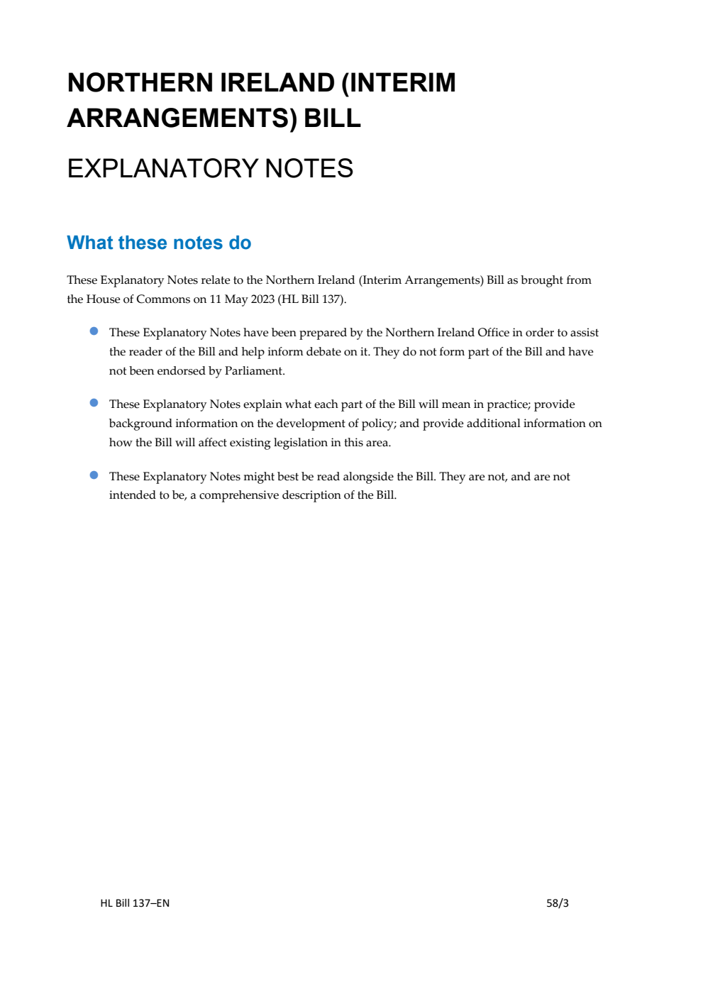 Northern Ireland (Interim Arrangements) Bill Explanatory Notes