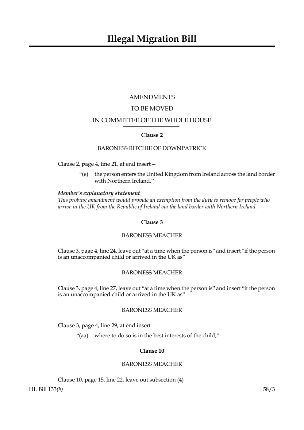 Illegal Migration Bill Amendments to be moved in Committee of the Whole House