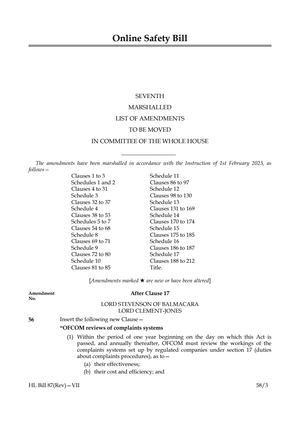 Online Safety Bill Seventh Marshalled List of Amendments to be moved in Committee of the Whole House