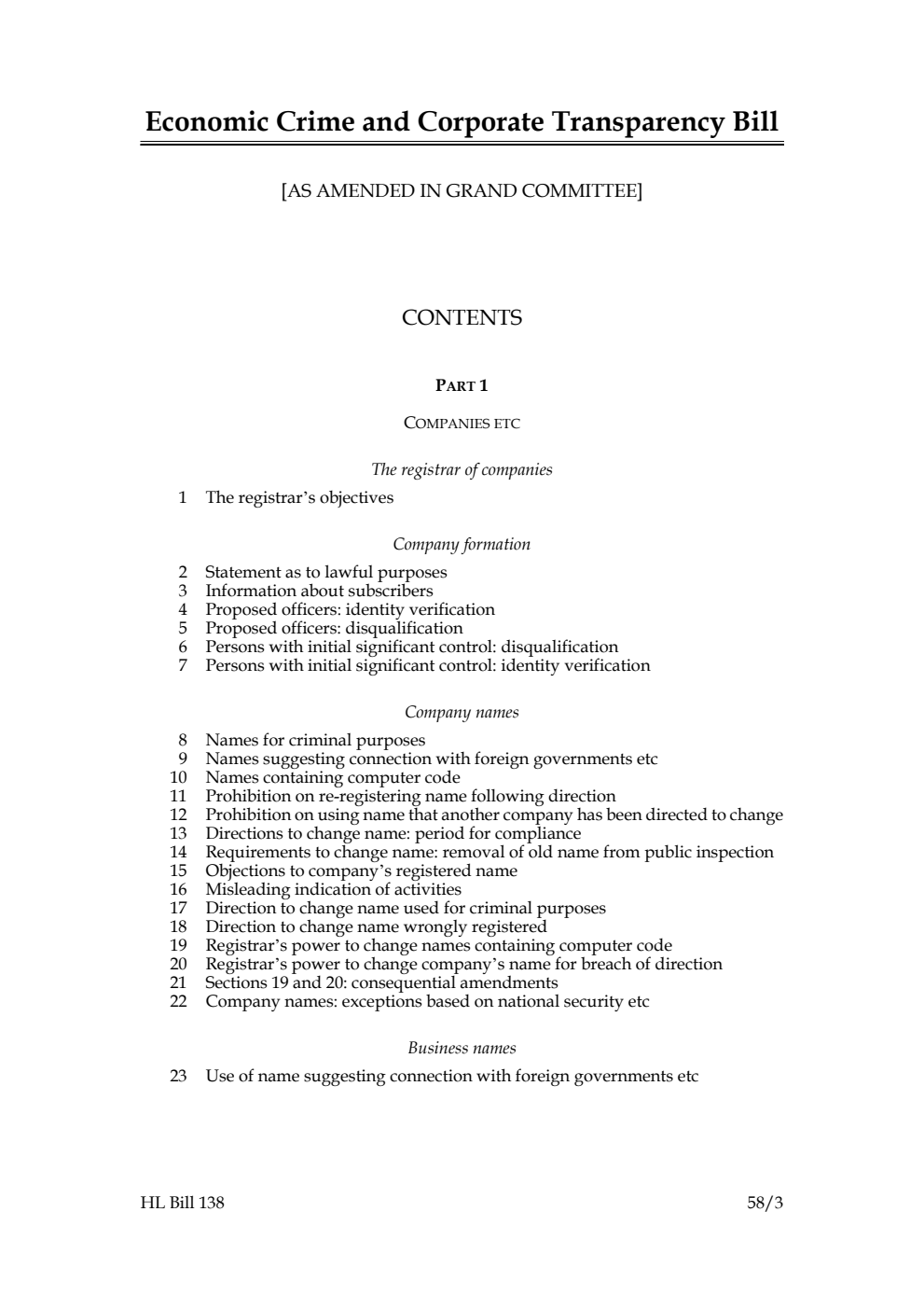 Economic Crime and Corporate Transparency Bill [as amended in Grand Committee]