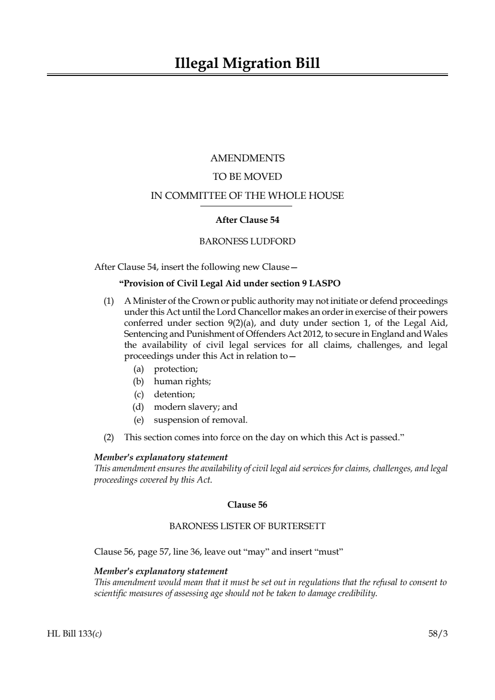 Illegal Migration Bill Amendments to be moved in Committee of the Whole House