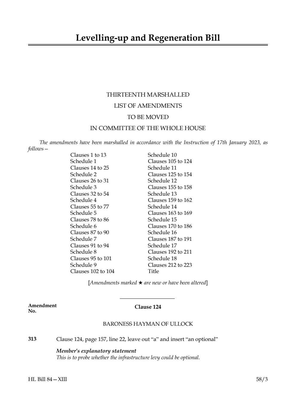 Levelling-up and Regeneration Bill Thirteenth Marshalled List of Amendments to be moved in Committee of the Whole House
