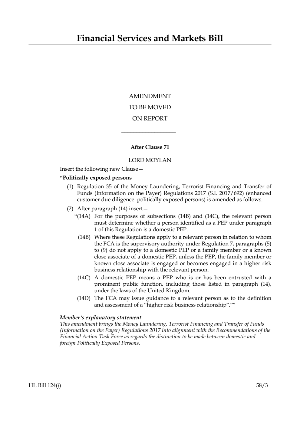 Financial Services and Markets Bill Amendment to be moved on Report