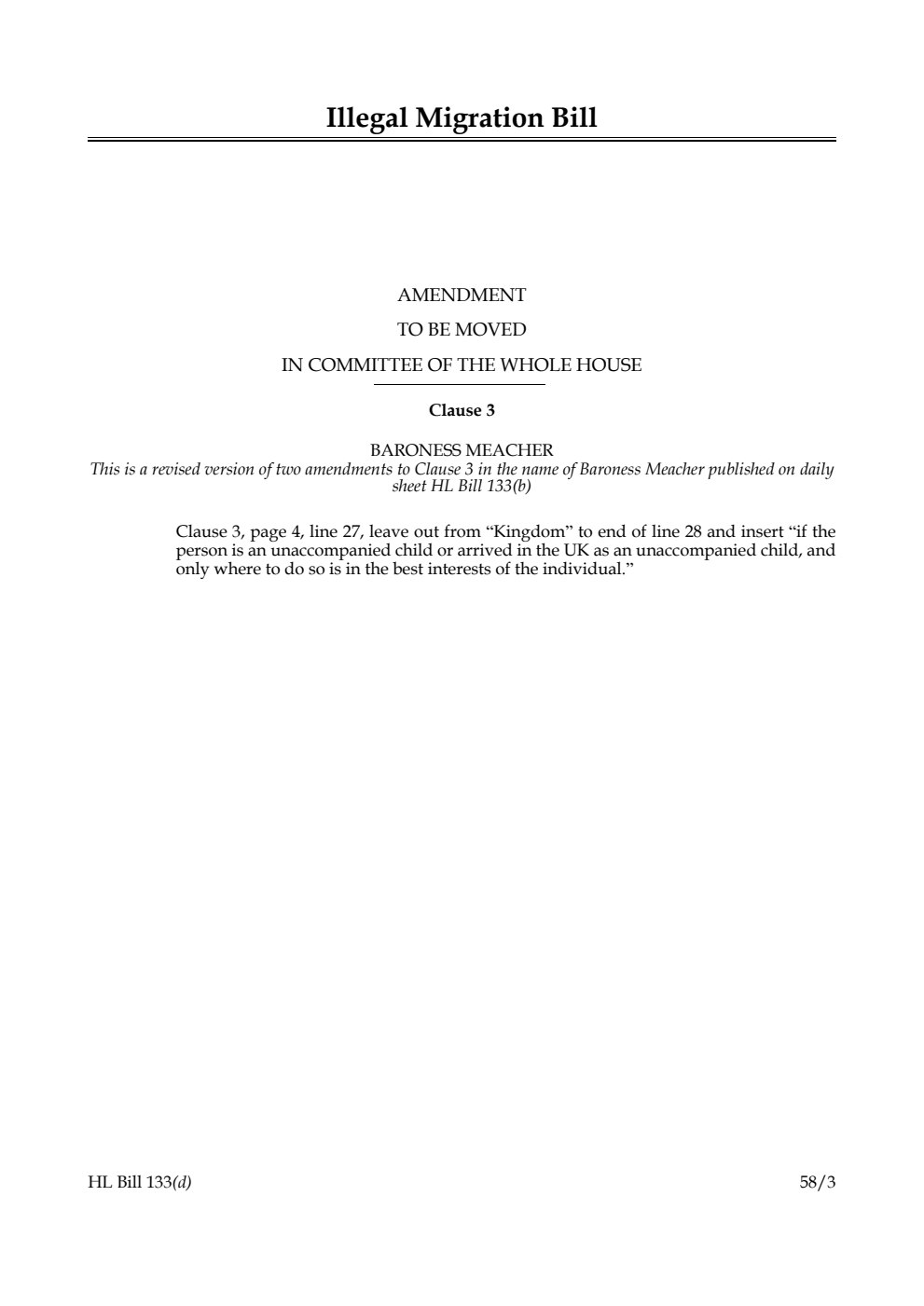 Illegal Migration Bill Amendment to be moved in Committee of the Whole House