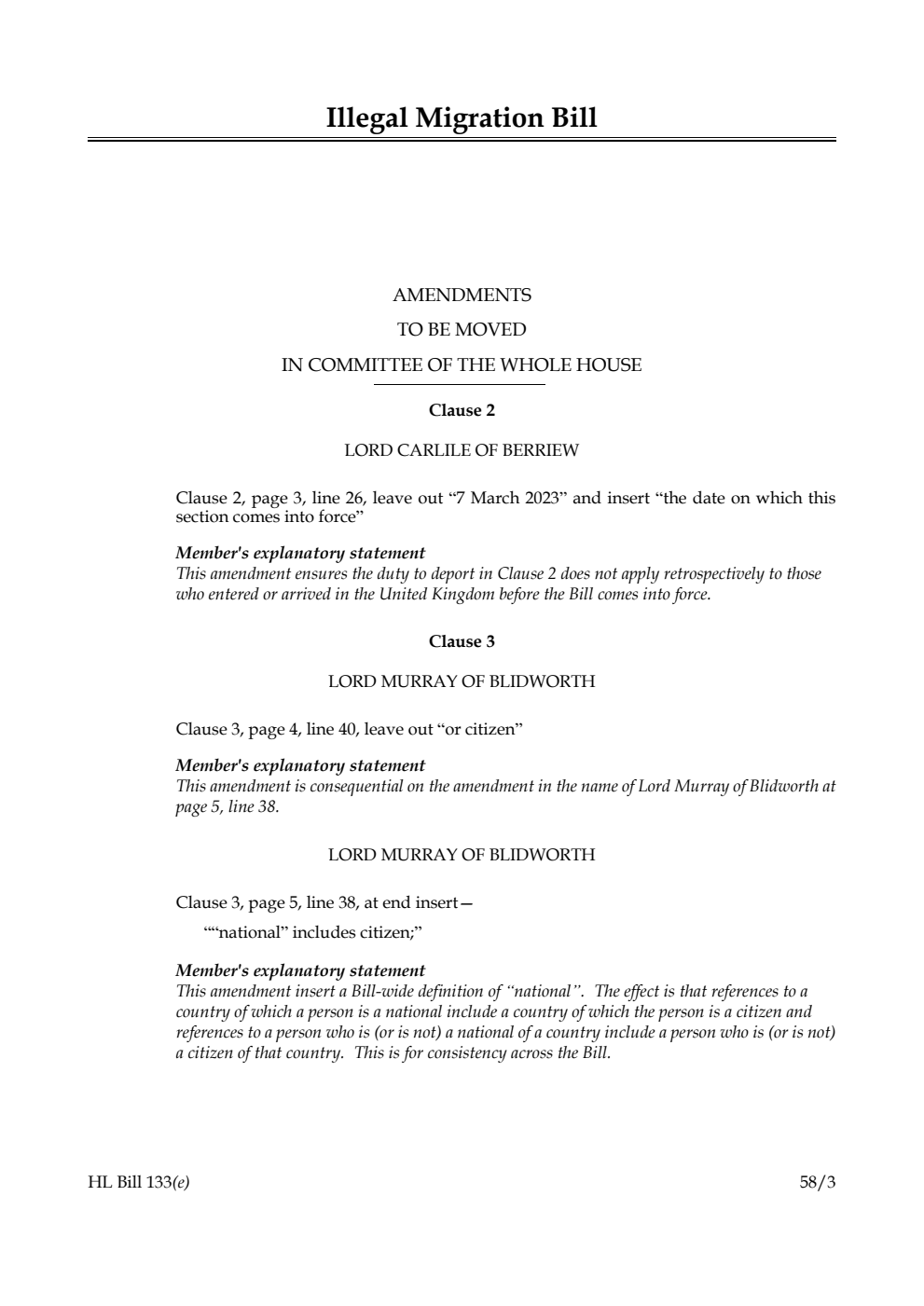 Illegal Migration Bill Amendments to be moved in Committee of the Whole House