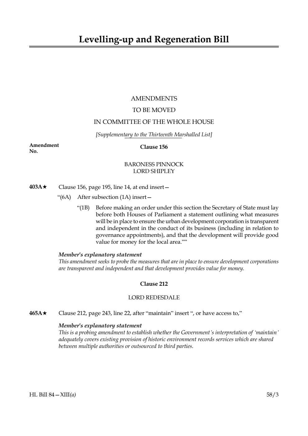 Levelling-up and Regeneration Bill Amendments to be moved in Committee of the Whole House [Supplementary to the Thirteenth Marshalled List]