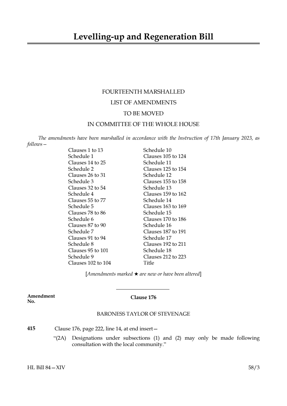Levelling-up and Regeneration Bill Fourteenth Marshalled List of Amendments to be moved in Committee of the Whole House