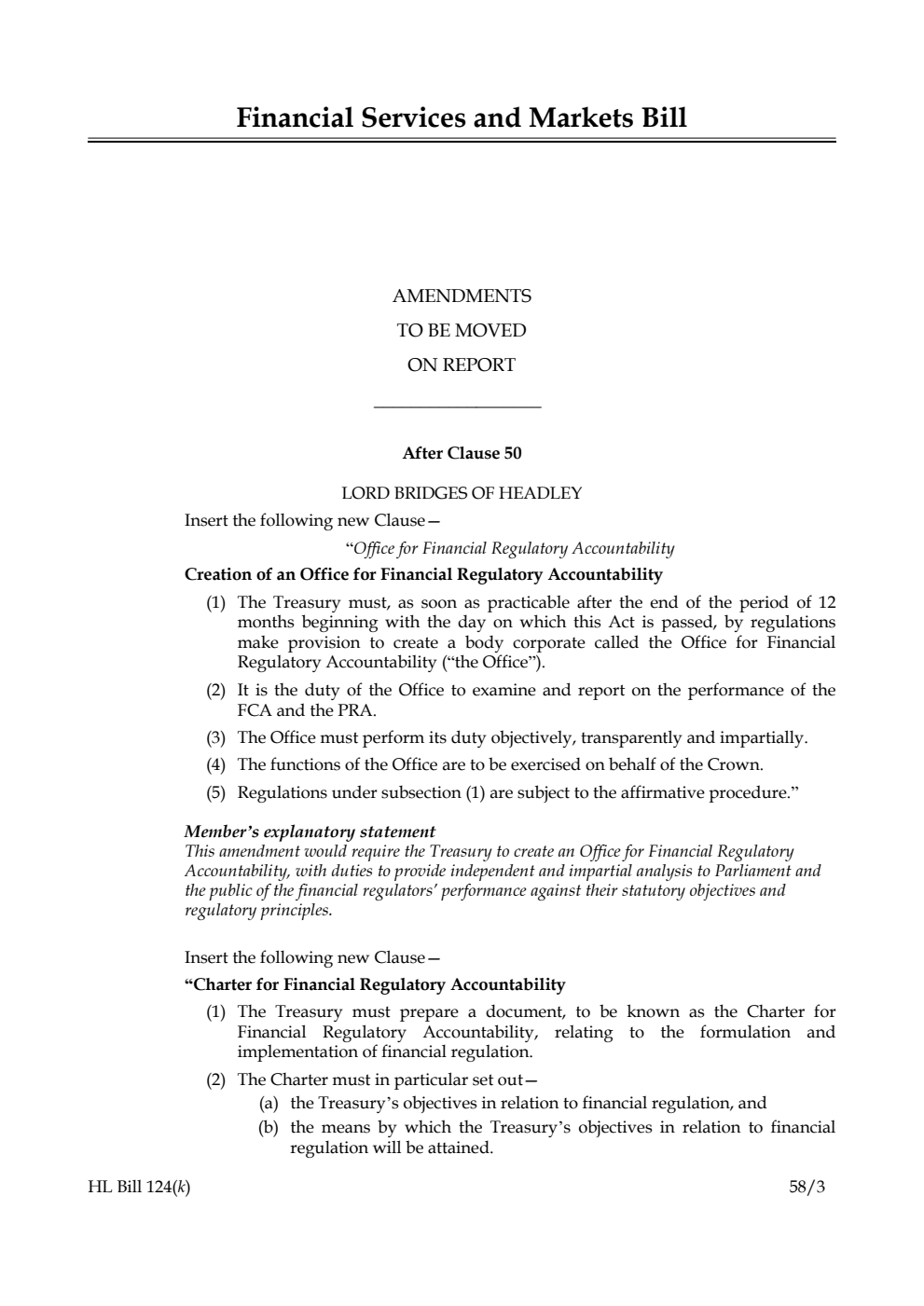 Financial Services and Markets Bill Amendments to be moved on Report