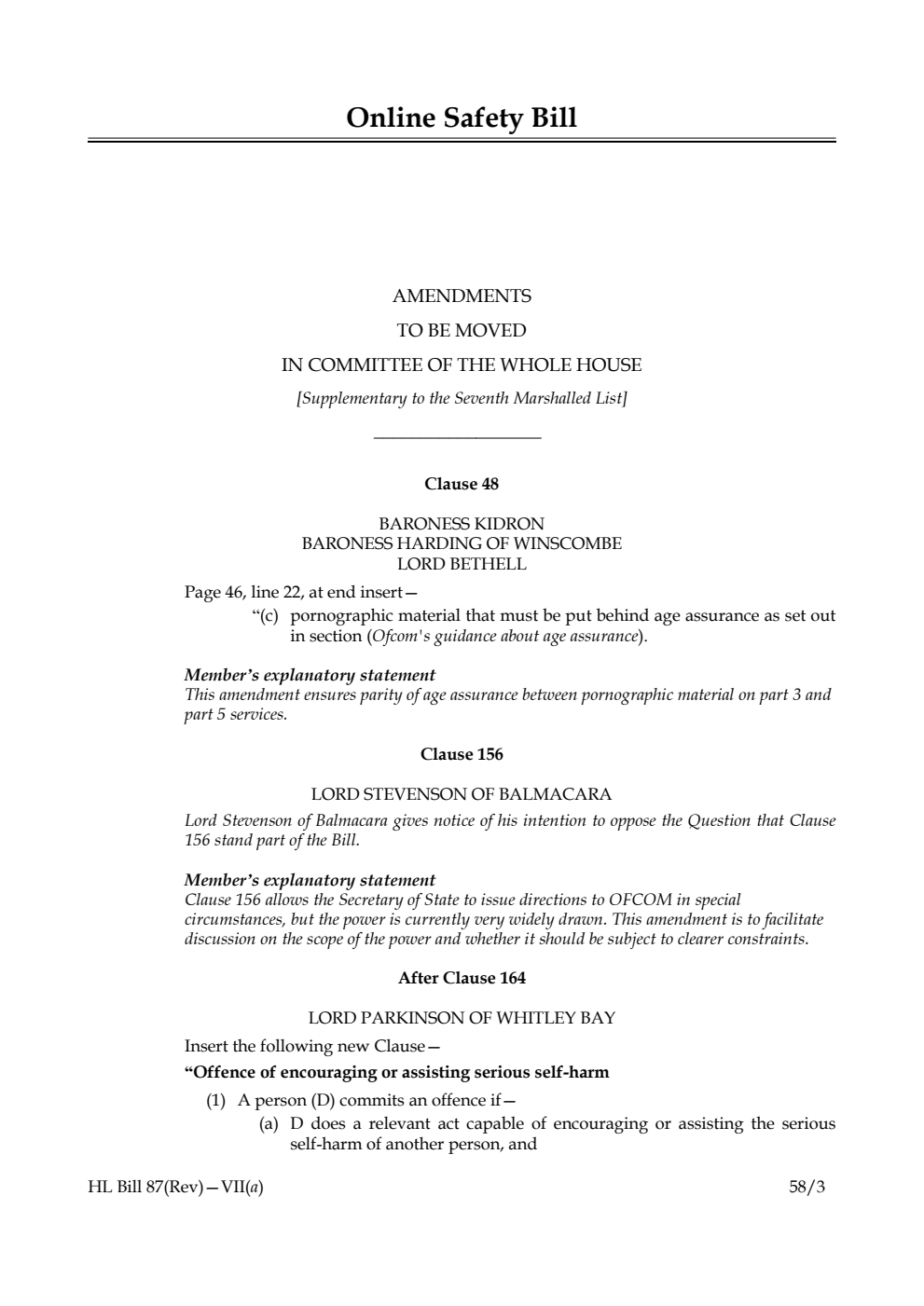 Online Safety Bill Amendments to be moved in Committee of the Whole House [Supplementary to the Seventh Marshalled List]