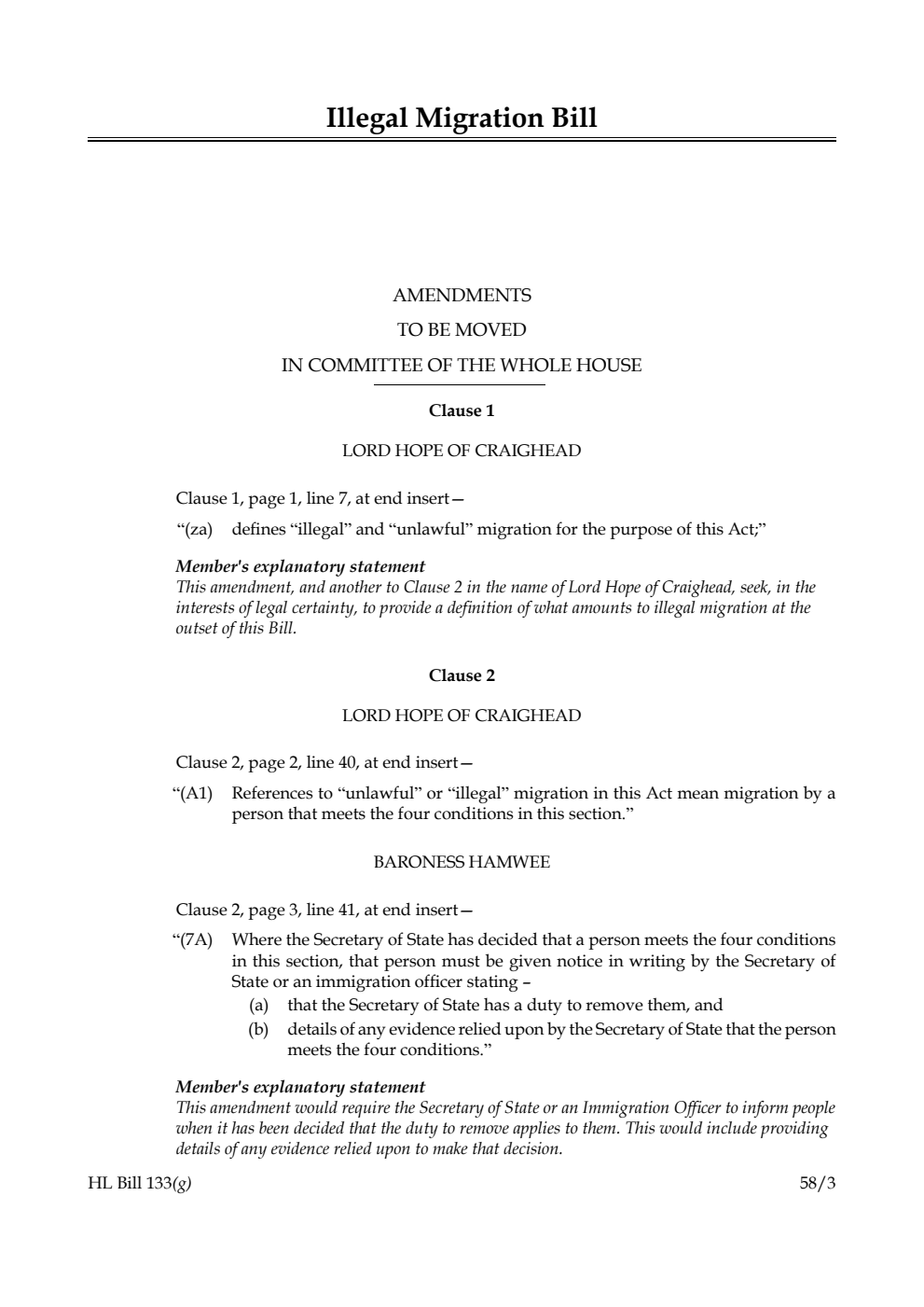 Illegal Migration Bill Amendments to be moved in Committee of the Whole House