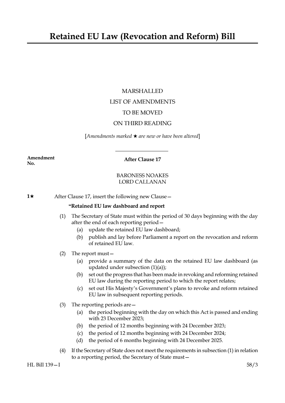 Retained EU Law (Revocation and Reform) Bill Marshalled List of amendments to be moved on third reading