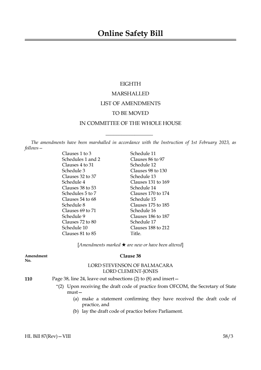 Online Safety Bill Eighth Marshalled List of Amendments to be moved in Committee of the Whole House