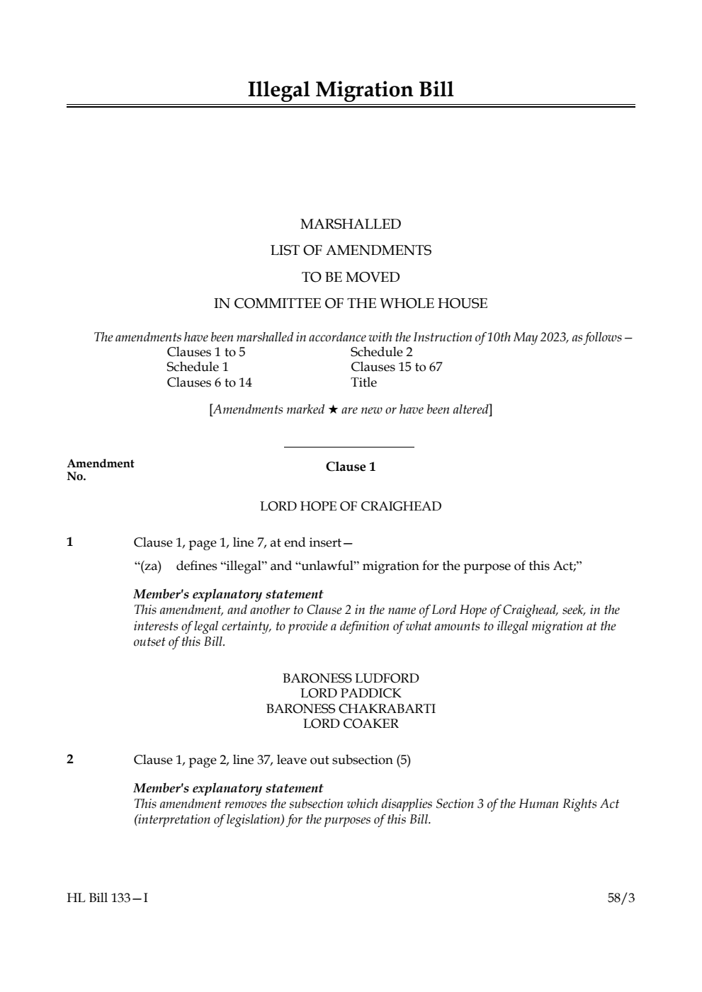 Illegal Migration Bill Marshalled List of Amendments to be moved in Committee of the Whole House