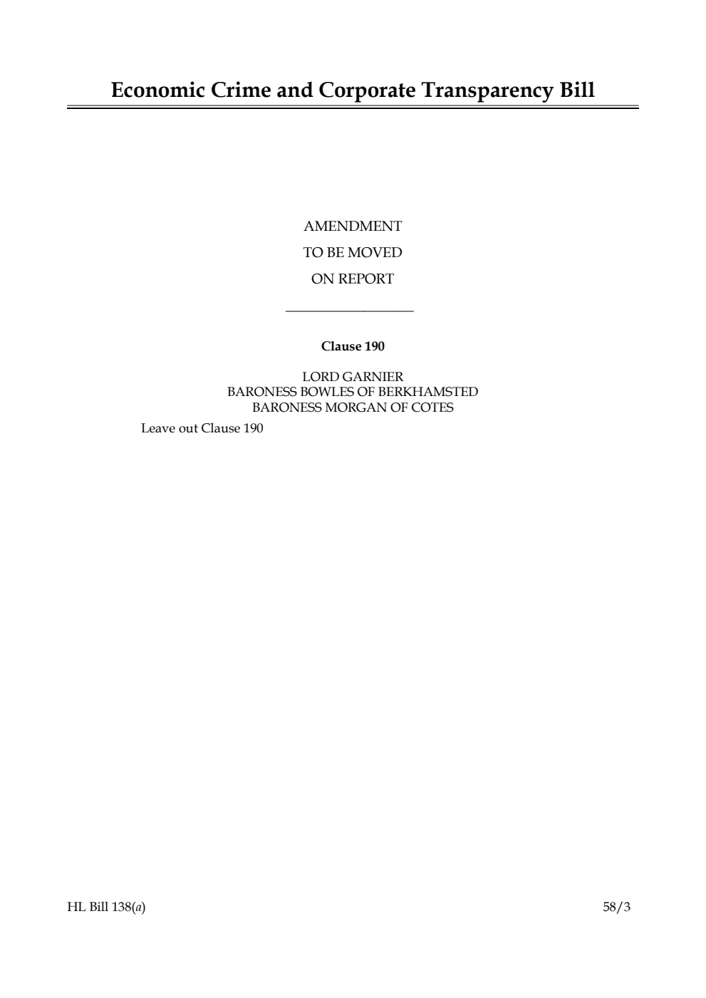 Economic Crime and Corporate Transparency Bill Amendment to be moved on Report