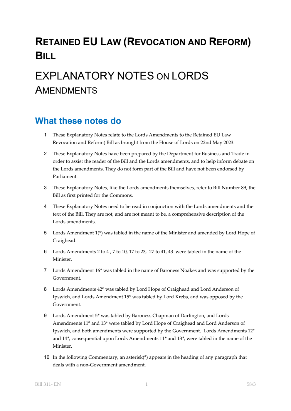 Retained EU Law (Revocation and Reform) Bill Explanatory Notes on Lords Amendments