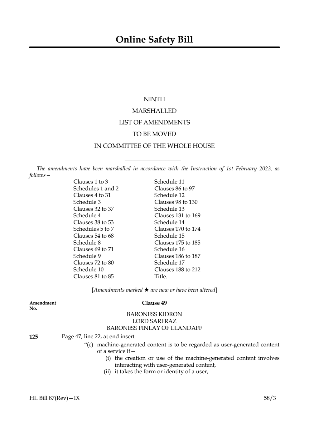 Online Safety Bill Ninth Marshalled List of Amendments to be moved in Committee of the Whole House