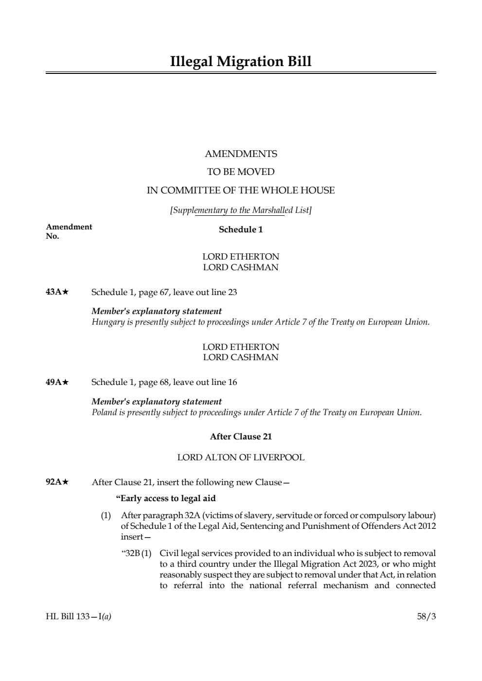 Illegal Migration Bill Amendments to be moved in Committee of the Whole House [Supplementary to the Marshalled List]