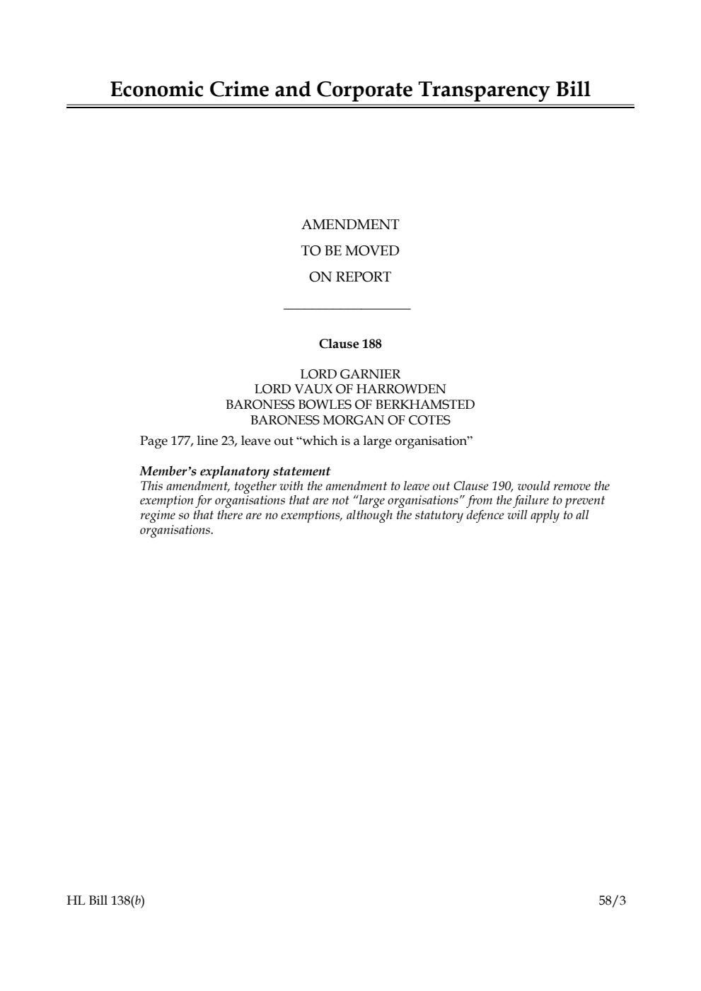 Economic Crime and Corporate Transparency Bill Amendment to be moved on Report