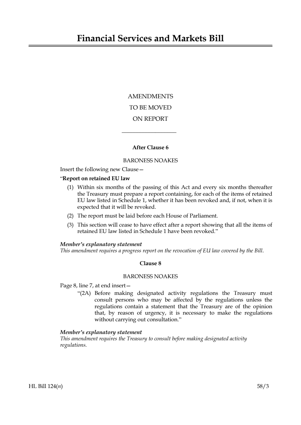 Financial Services and Markets Bill Amendments to be moved on Report