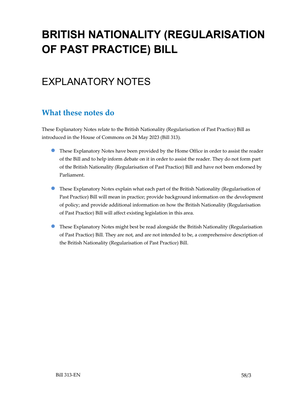 British Nationality (Regularisation of Past Practice) Bill Explanatory Notes