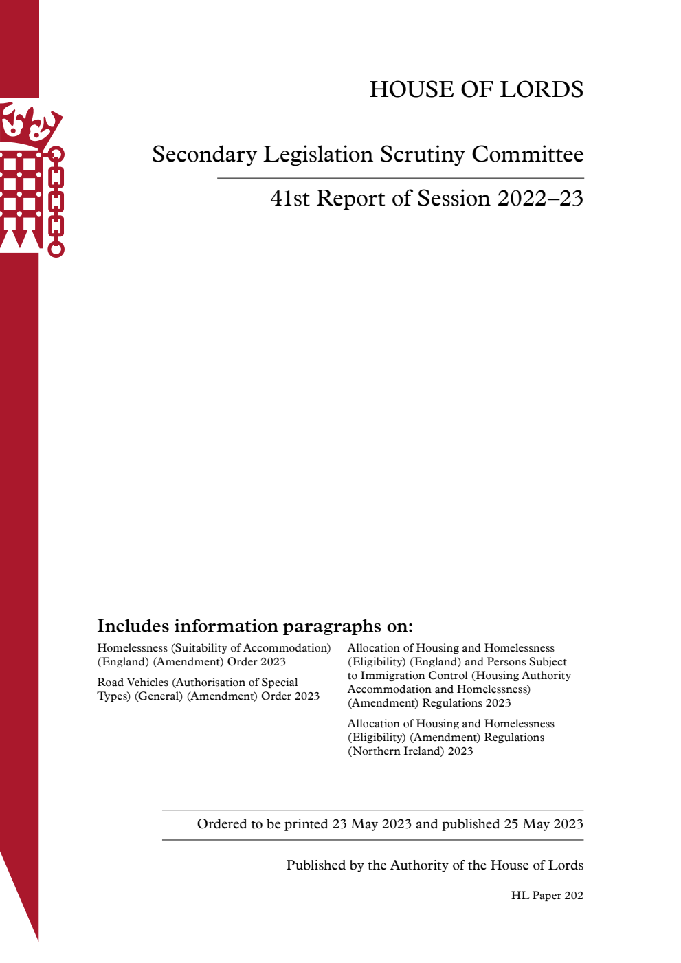 Secondary Legislation Scrutiny Committee 41st Report of Session 2022–23