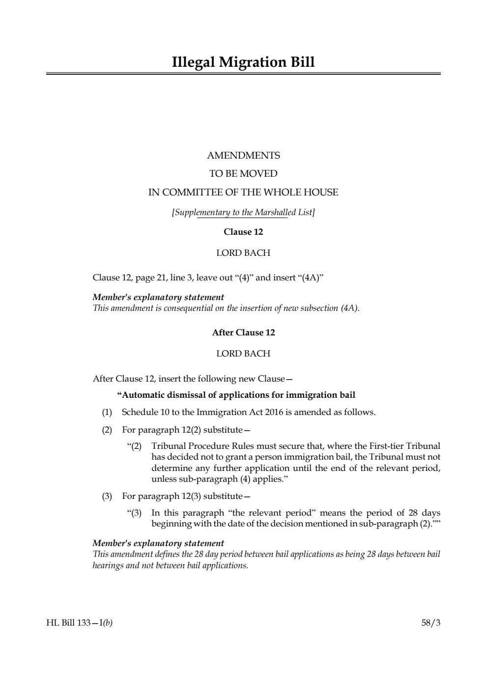 Illegal Migration Bill Amendments to be moved in Committee of the Whole House [Supplementary to the Marshalled List]