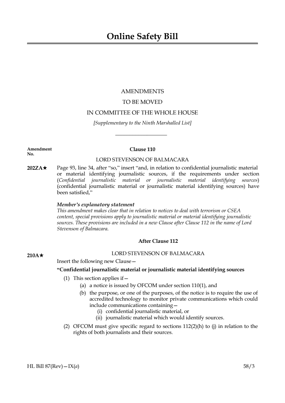 Online Safety Bill Amendments to be moved in Committee of the Whole House [Supplementary to the Ninth Marshalled List]