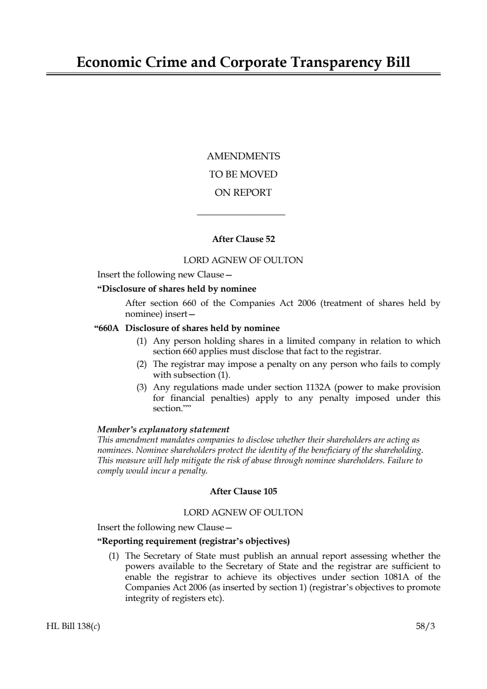 Economic Crime and Corporate Transparency Bill Amendments to be moved on Report