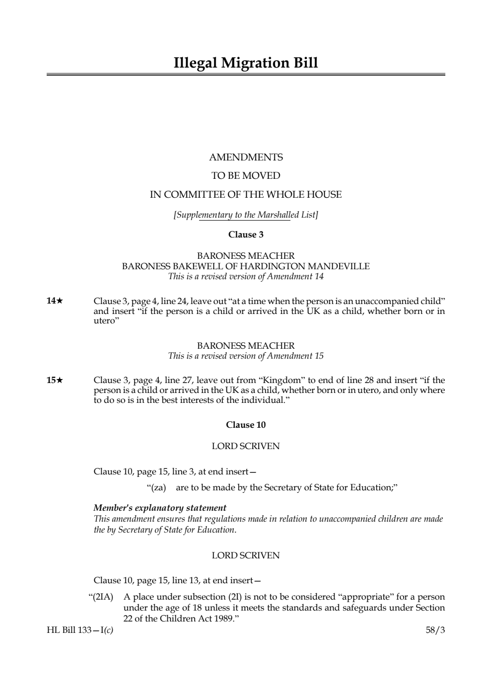 Illegal Migration Bill Amendments to be moved in Committee of the Whole House [Supplementary to the Marshalled List]