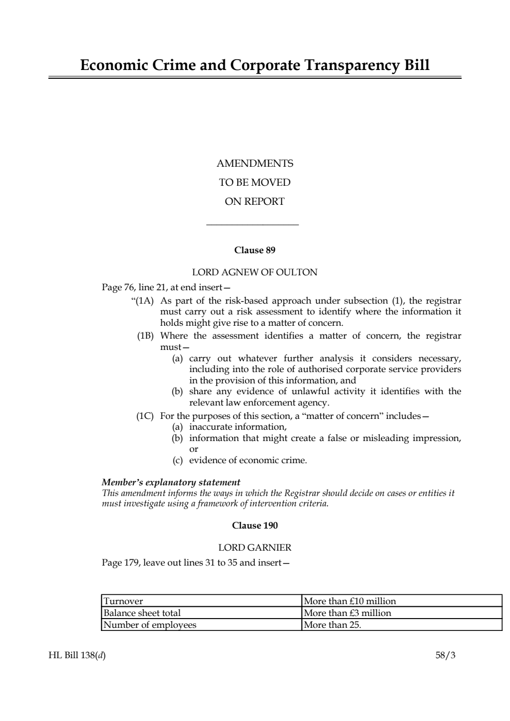 Economic Crime and Corporate Transparency Bill Amendments to be moved on Report