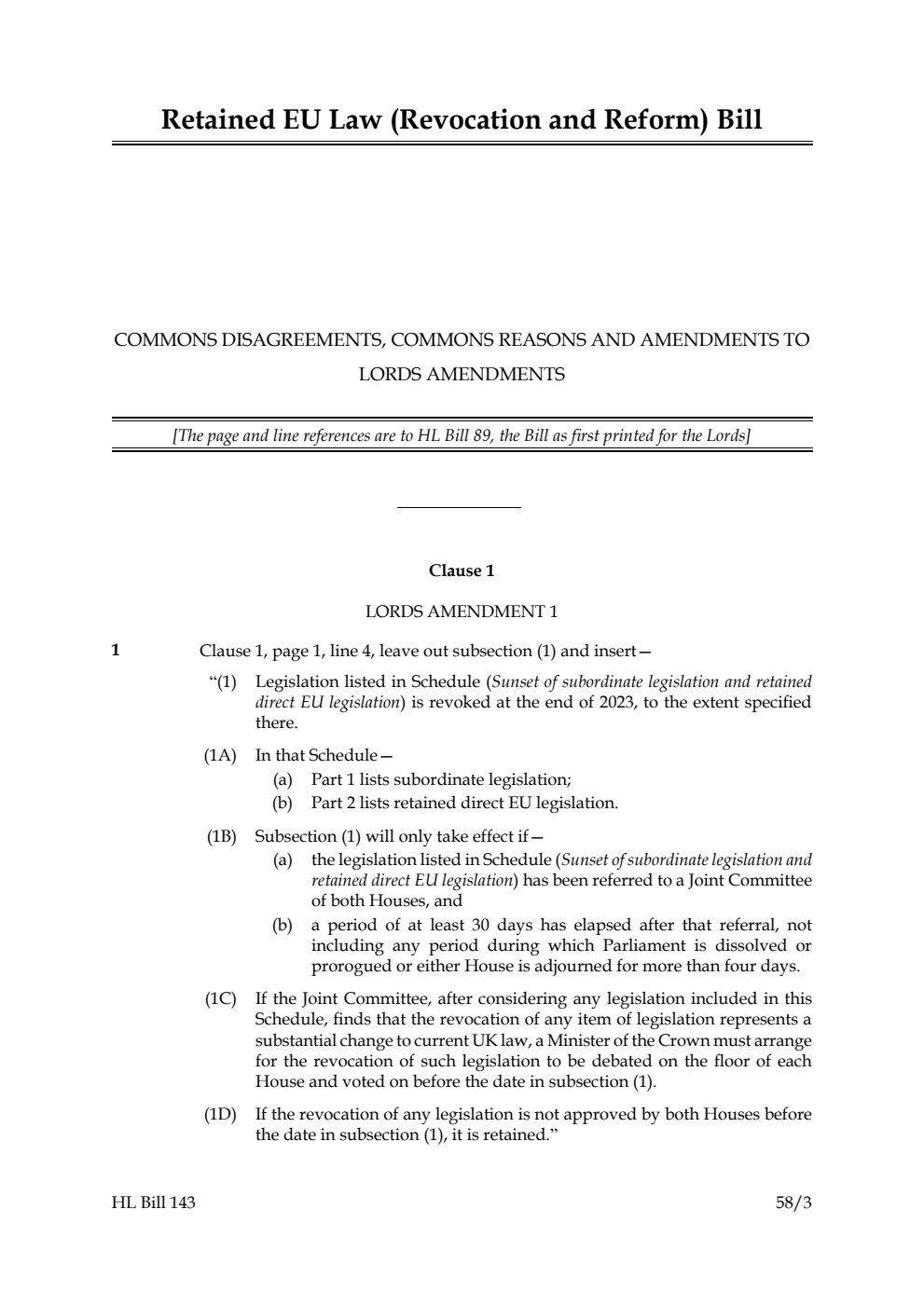 Retained EU Law (Revocation and Reform) Bill Commons disagreements, Commons reasons and amendments to Lords amendments