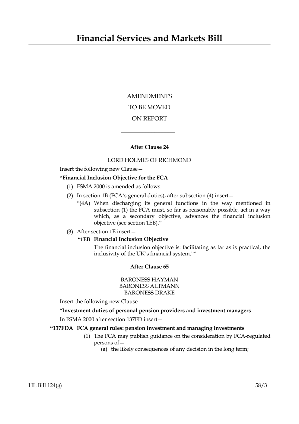 Financial Services and Markets Bill Amendments to be moved on Report