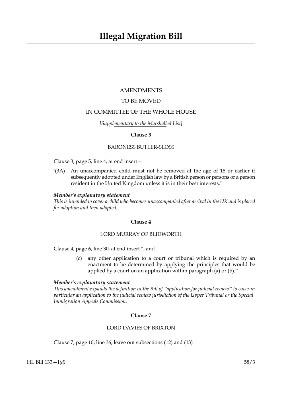 Illegal Migration Bill Amendments to be moved in Committee of the Whole House [Supplementary to the Marshalled List]