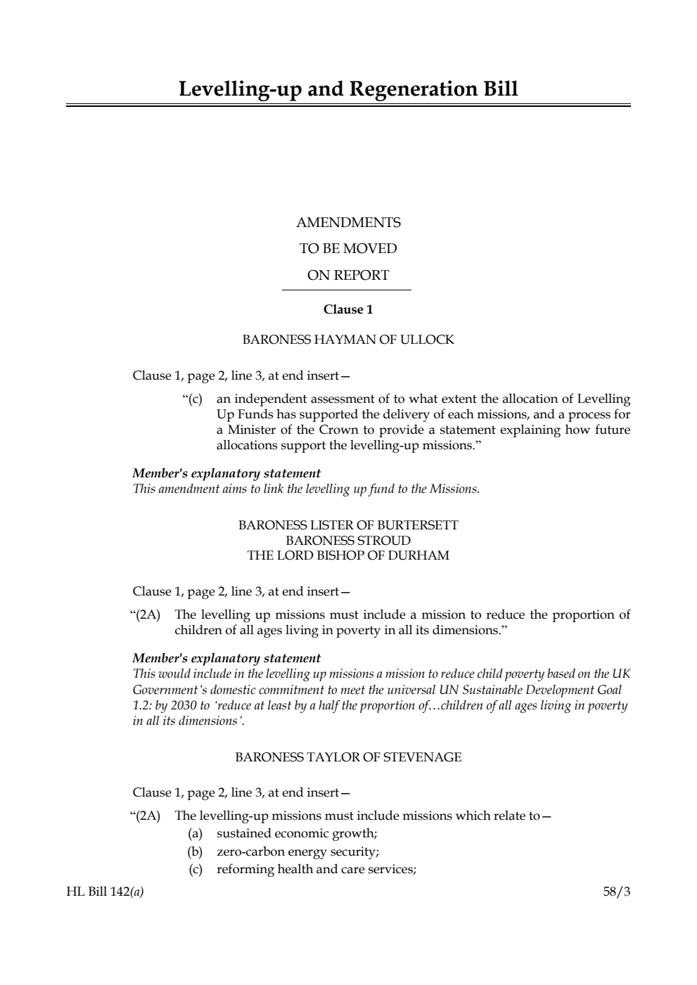 Levelling-up and Regeneration Bill Amendments to be moved on Report