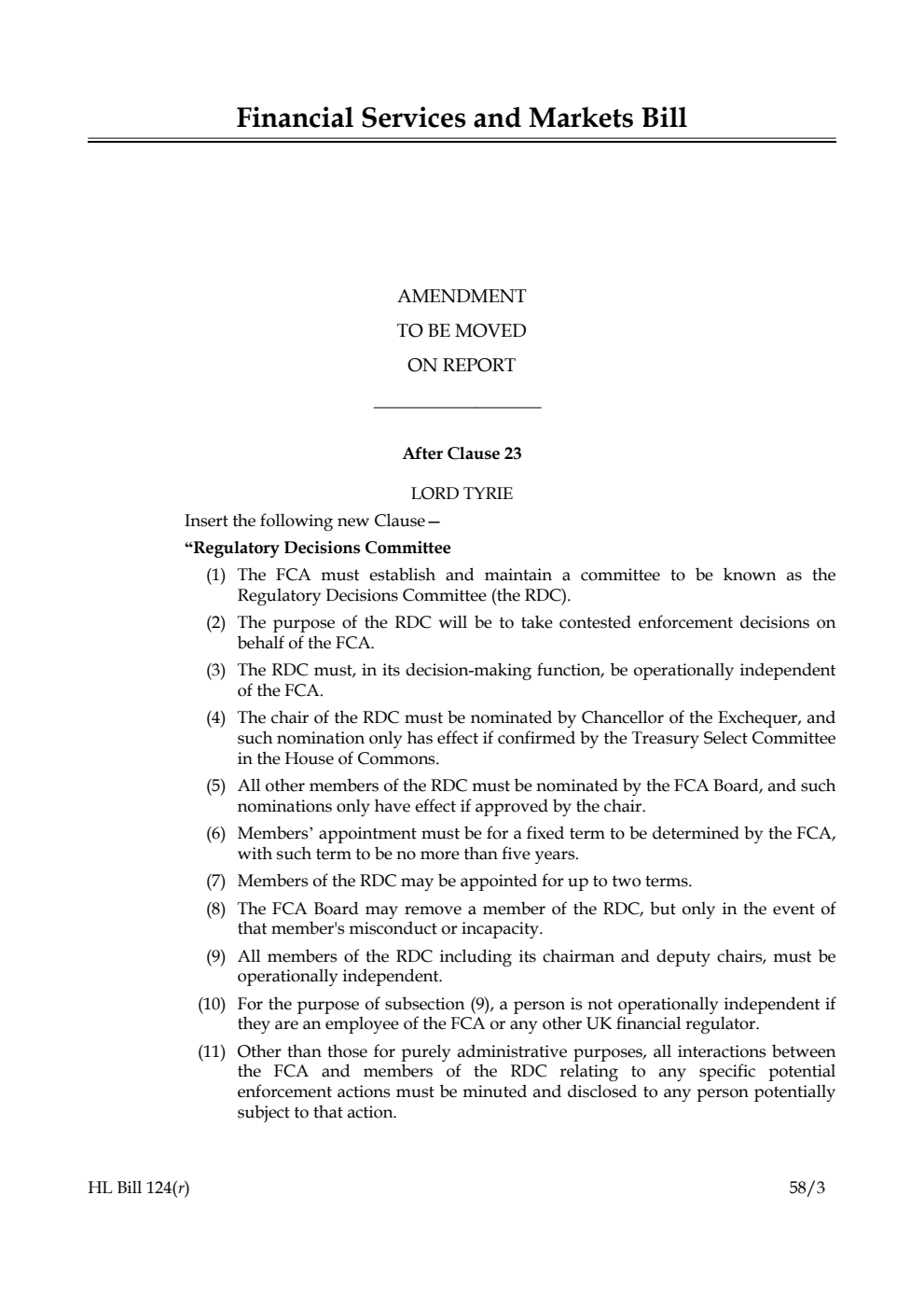 Financial Services and Markets Bill Amendment to be moved on Report