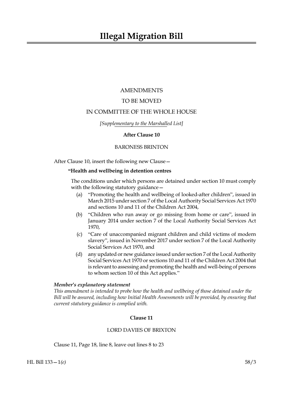 Illegal Migration Bill Amendments to be moved in Committee of the Whole House [Supplementary to the Marshalled List]