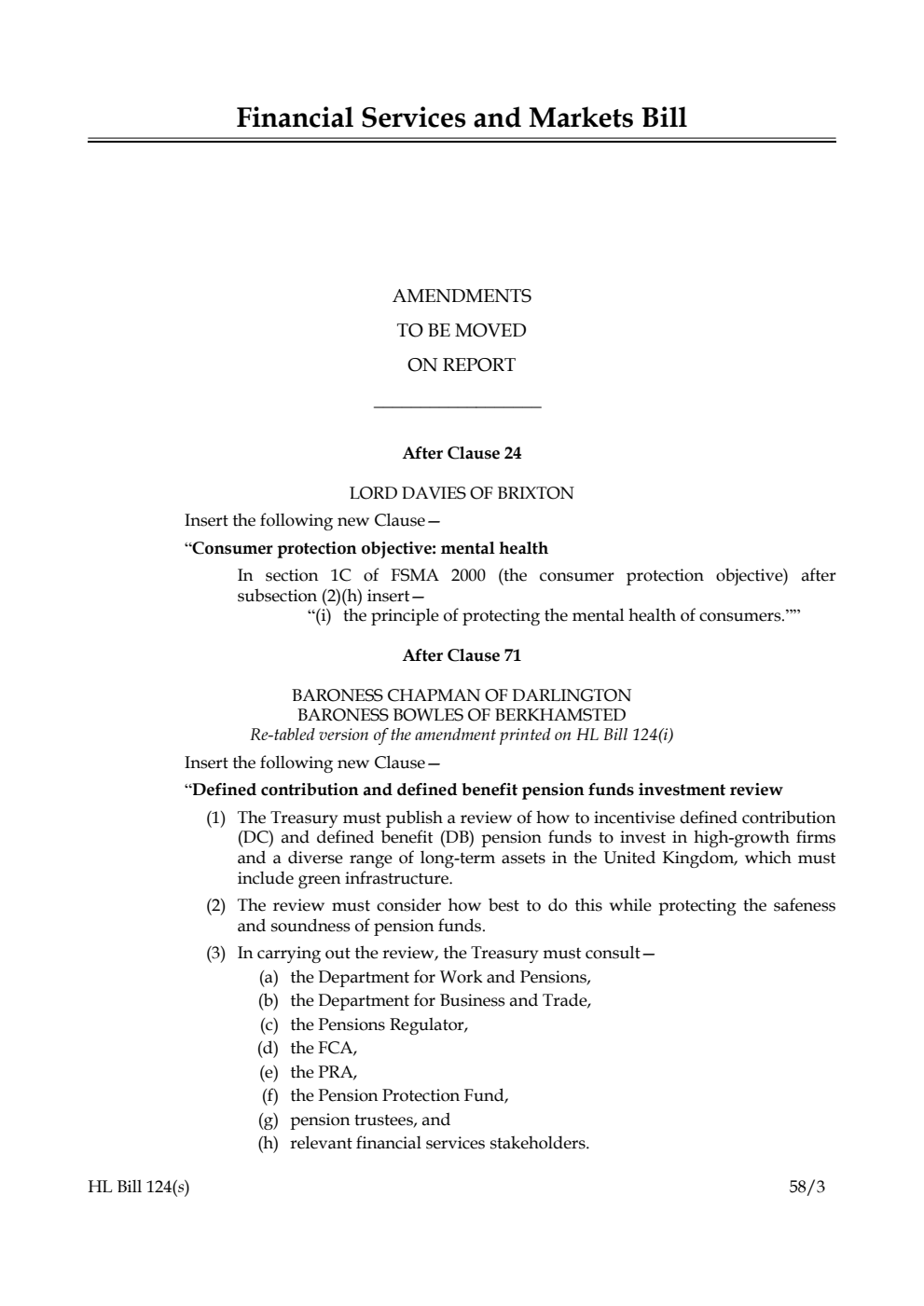 Financial Services and Markets Bill Amendments to be moved on Report